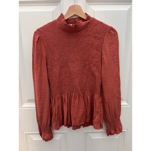 étophe studios Rust Smocked Mock Neck Peplum Blouse Long Sleeve Terracotta Small